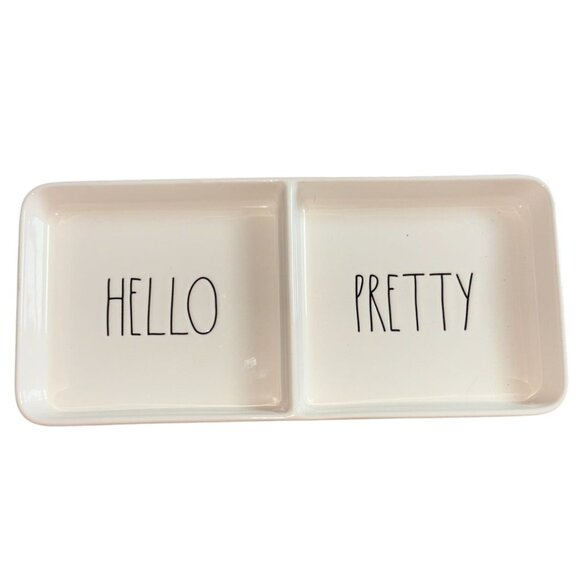 Rae Dunn HELLO PRETTY Jewelry Ceramic Vanity Trinket Organizer Divided Tray-GUC - Picture 1 of 5